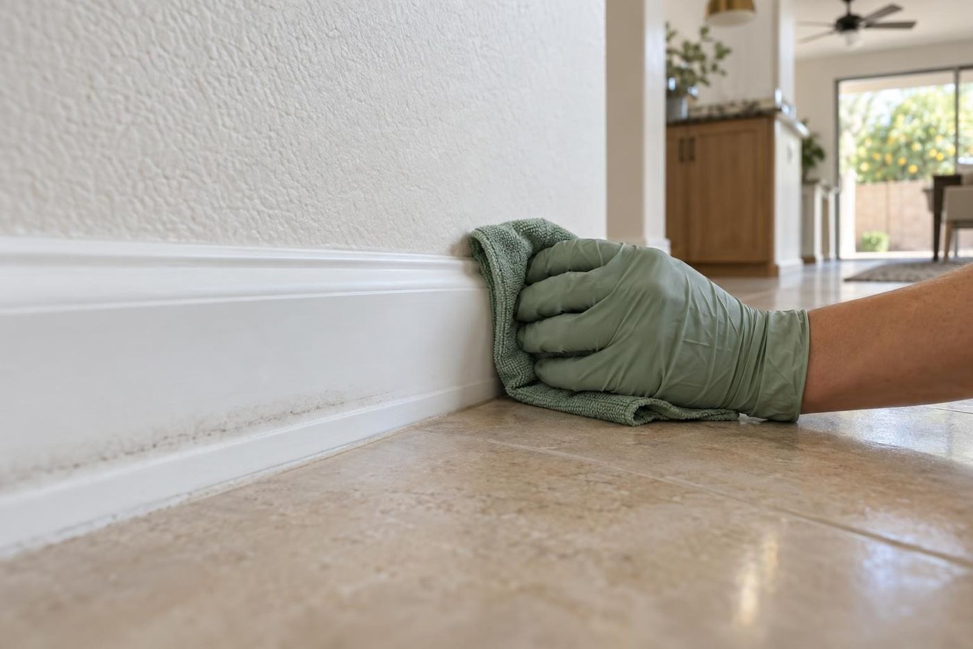 A gloved hand wiping a white baseboard with a sage microfiber cloth
