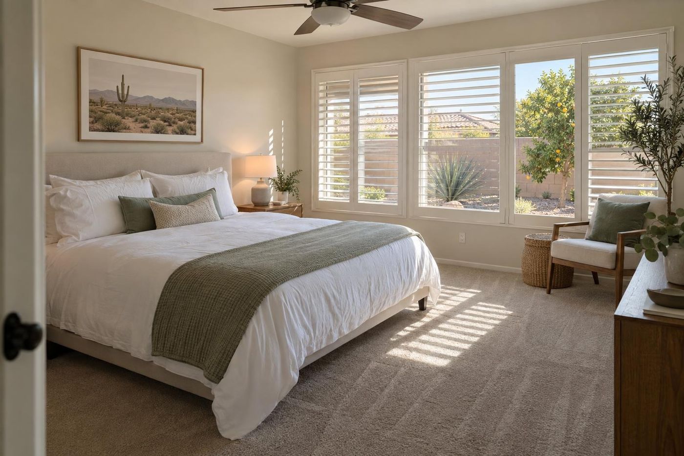 A calm bedroom with a made bed, sun through shutters and fresh vacuum lines