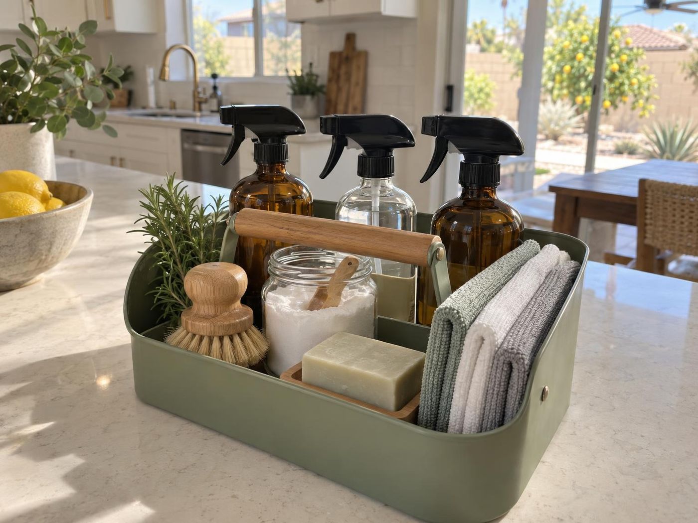 A sage green caddy with refillable glass spray bottles, baking soda, castile soap, a wooden brush, microfiber cloths and a rosemary sprig