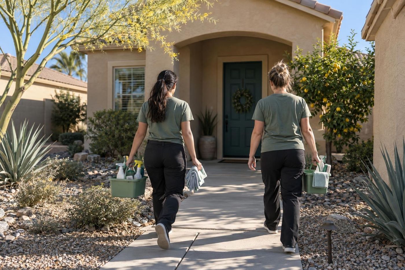 Two cleaners carrying sage green caddies up the front path of a stucco home in Gilbert