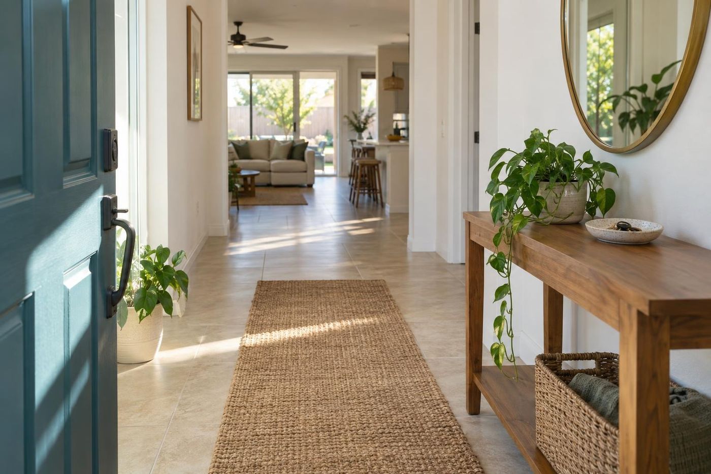 A front entry with freshly mopped tile and morning light from a teal front door
