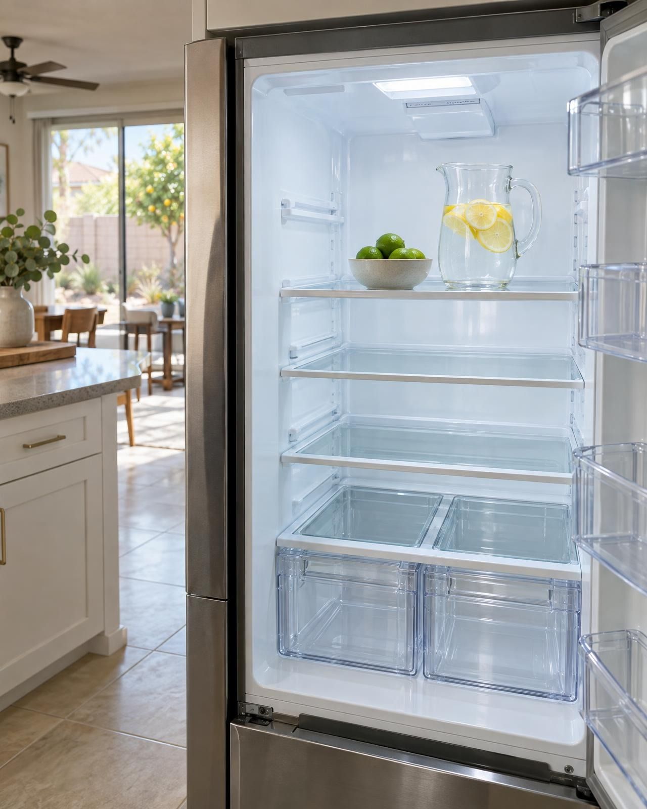 The inside of a fridge after a move-out clean, glass shelves sparkling and empty