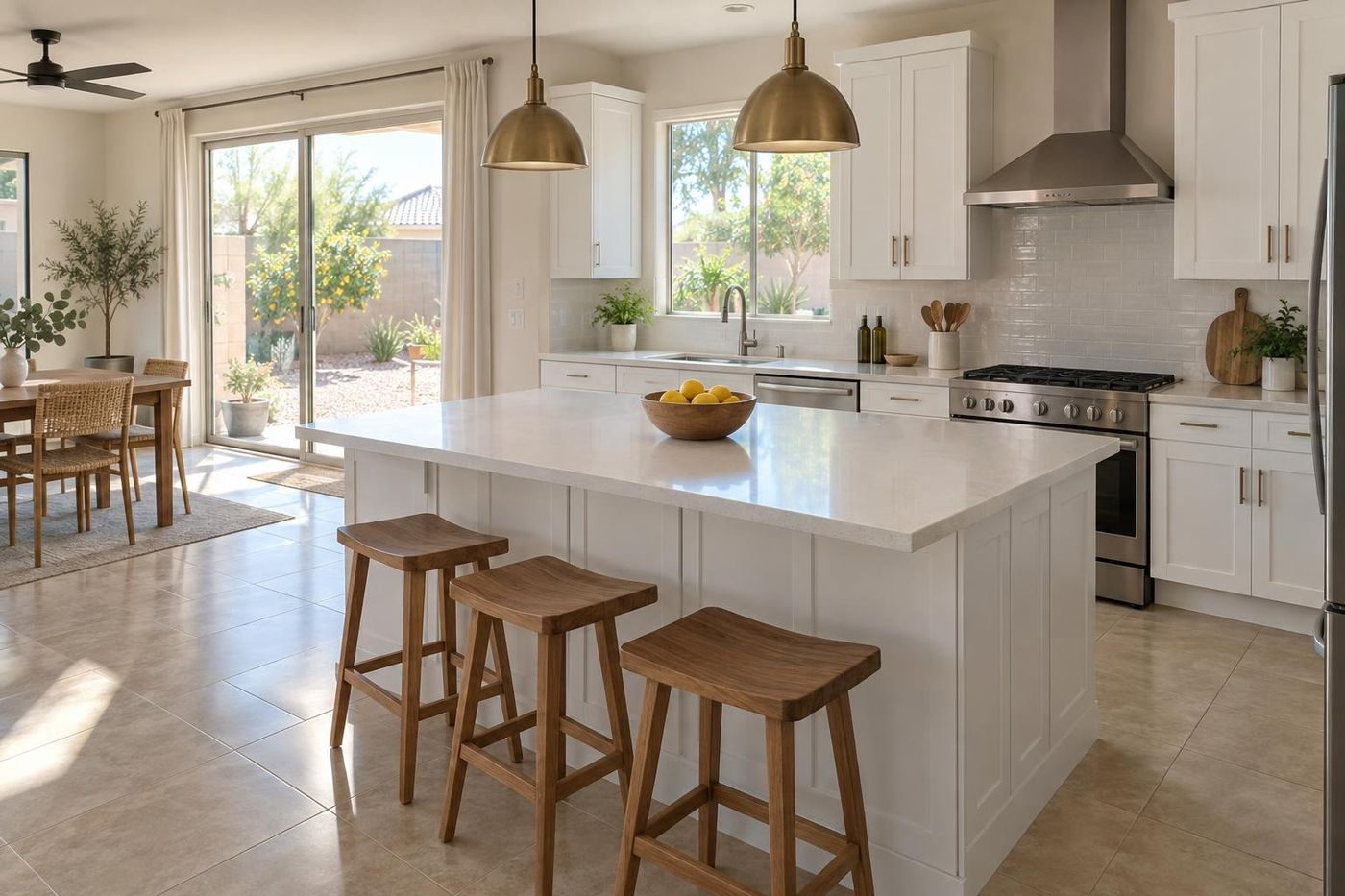 A just-cleaned kitchen with a clear quartz island and freshly mopped tile
