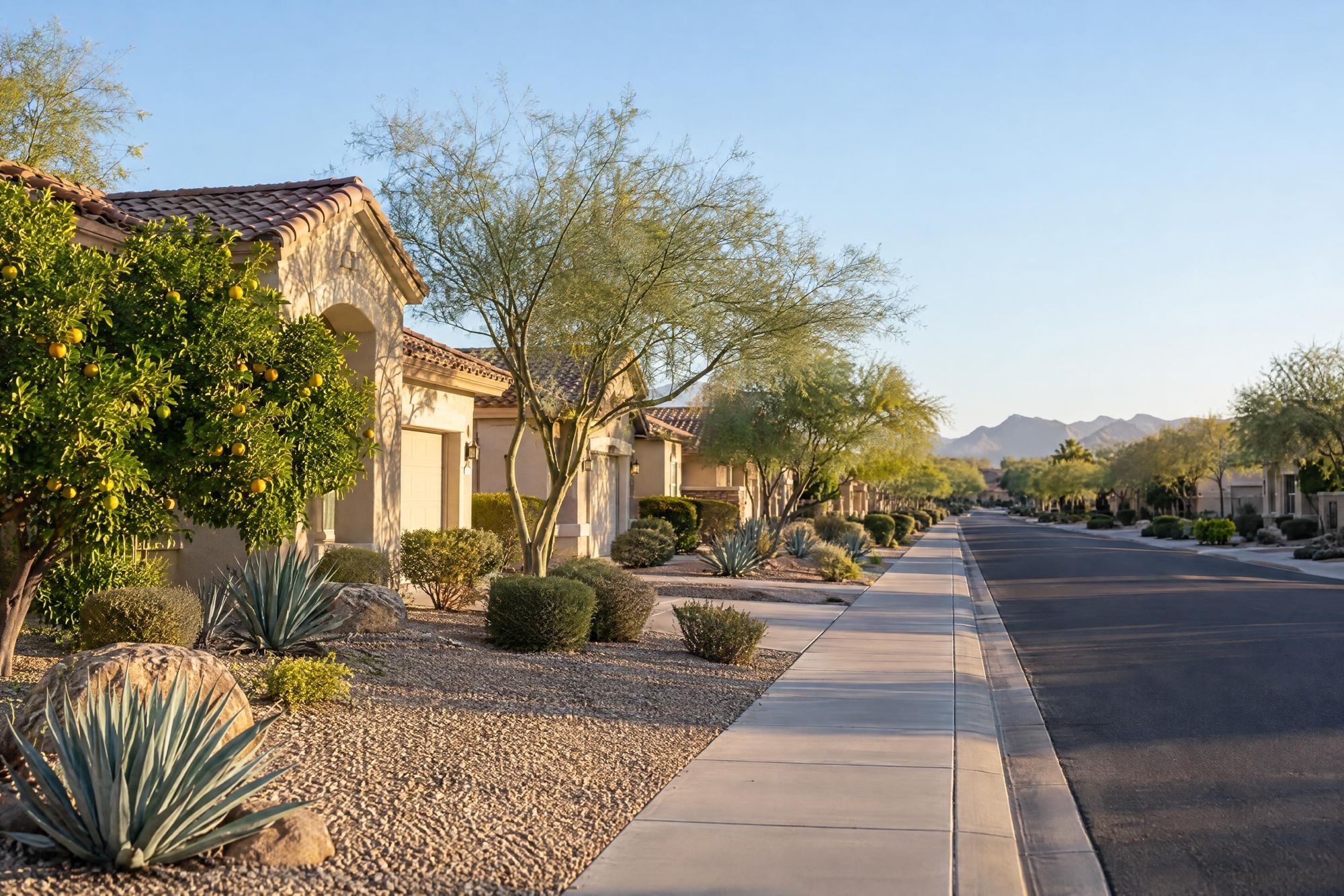 A quiet Gilbert street of stucco homes with citrus and palo verde trees at sunrise