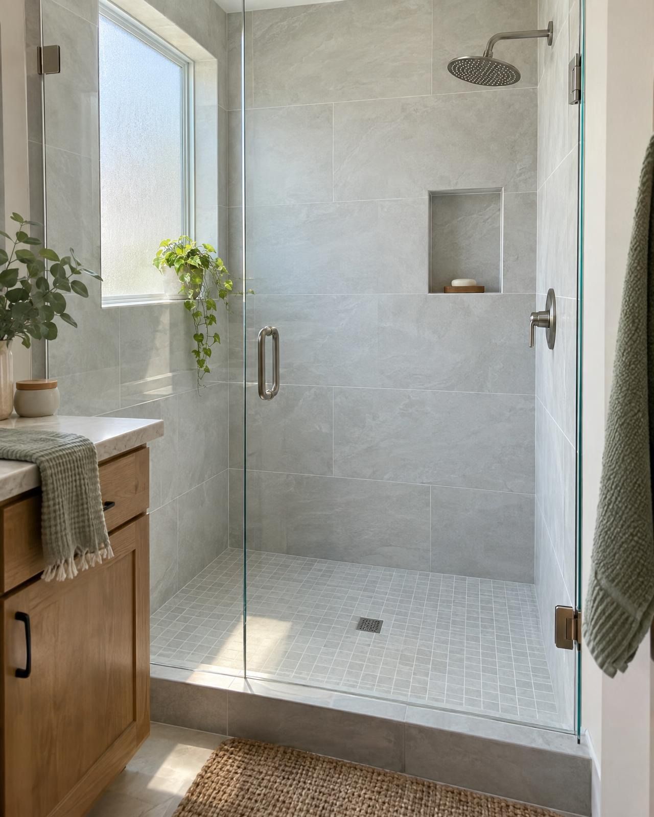A walk-in shower with spotless frameless glass and bright grout