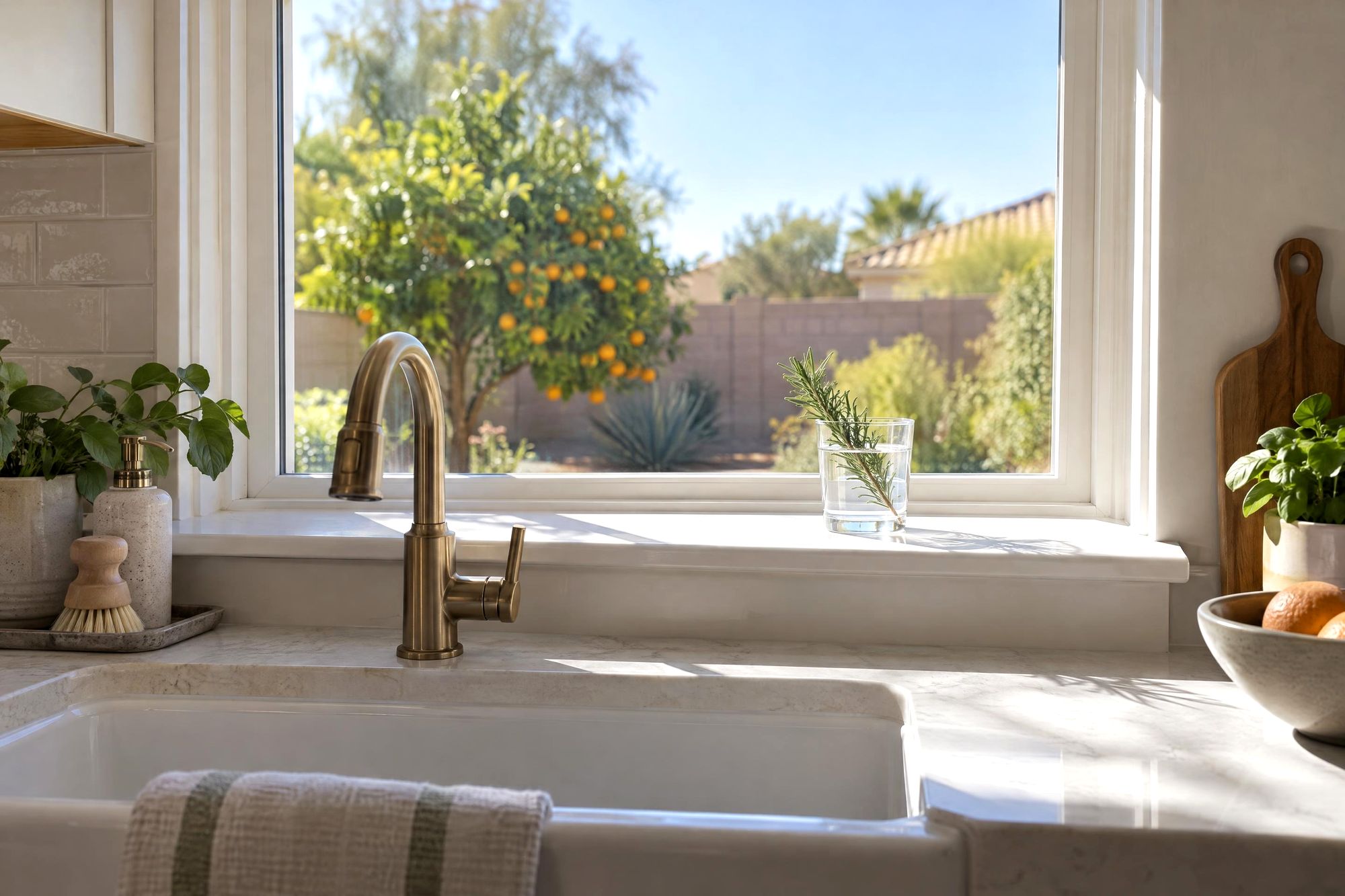 A spotless kitchen window and white sill with a sprig of rosemary in a glass, a backyard orange tree outside