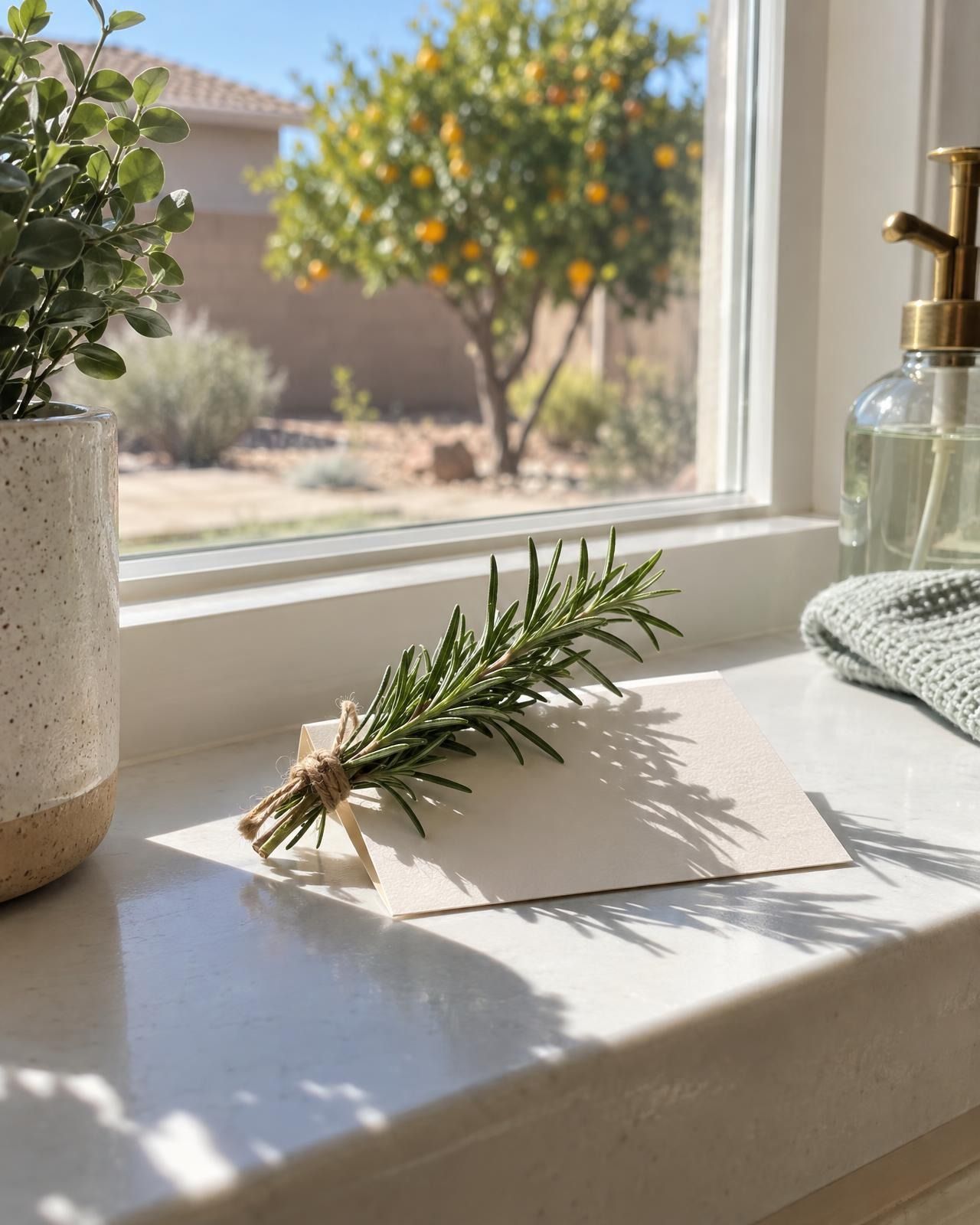 A sprig of rosemary tied with twine on a blank card, resting on a bright white windowsill