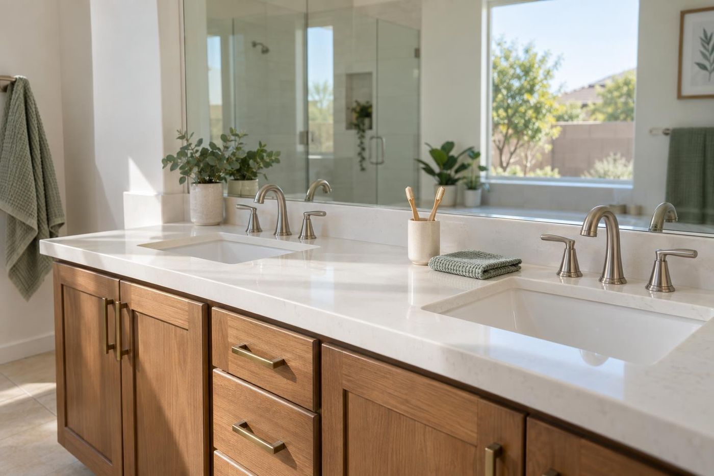 A bathroom vanity with a streak-free mirror and gleaming faucets